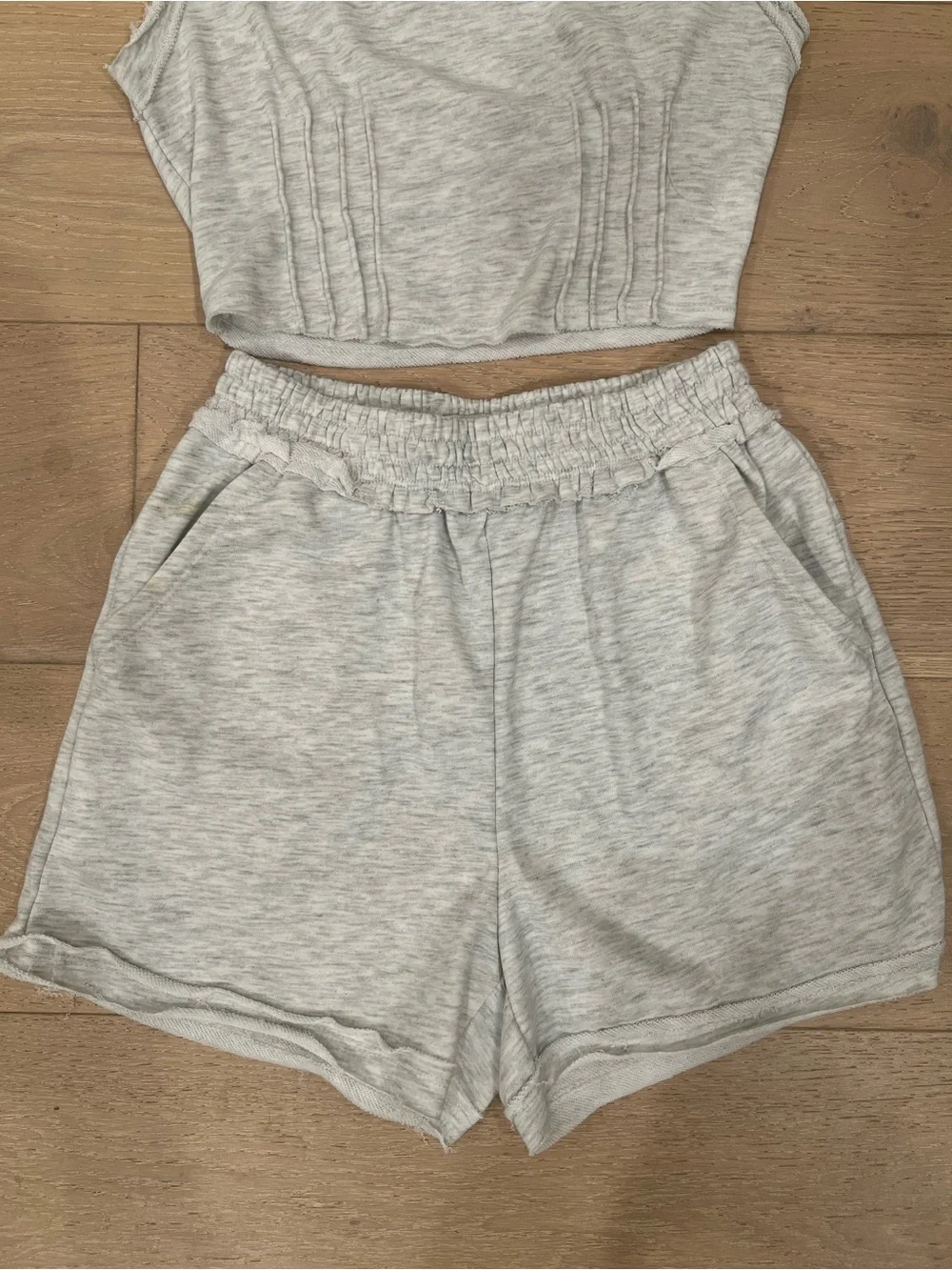 Paper Crane Light Gray Ribbed Crop Tank & Elastic Waist Shorts